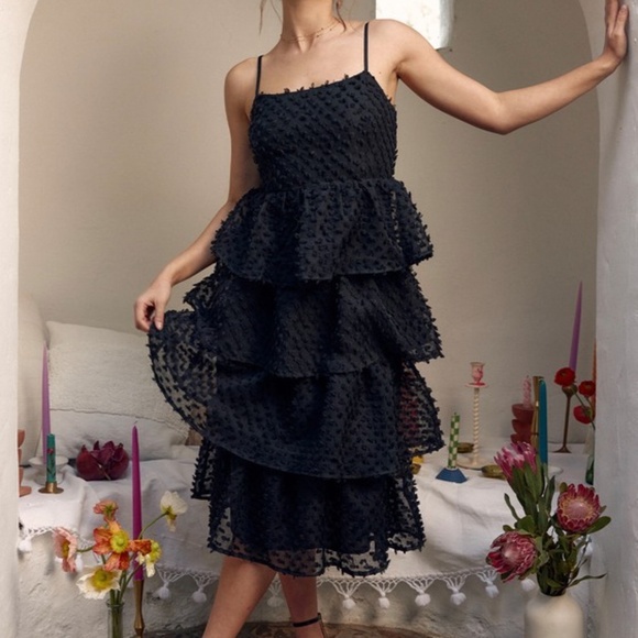Lulus Flirting With You Black Tiered Pom Pom Midi Dress - Size S - Picture 1 of 7